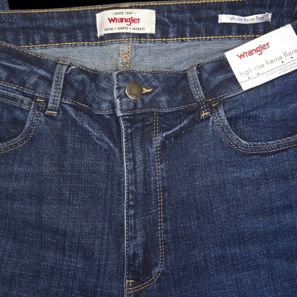 Wrangler High Rise Fierce Flare Jeans Dark Wash Retro Western Denim - Picture 9 of 10